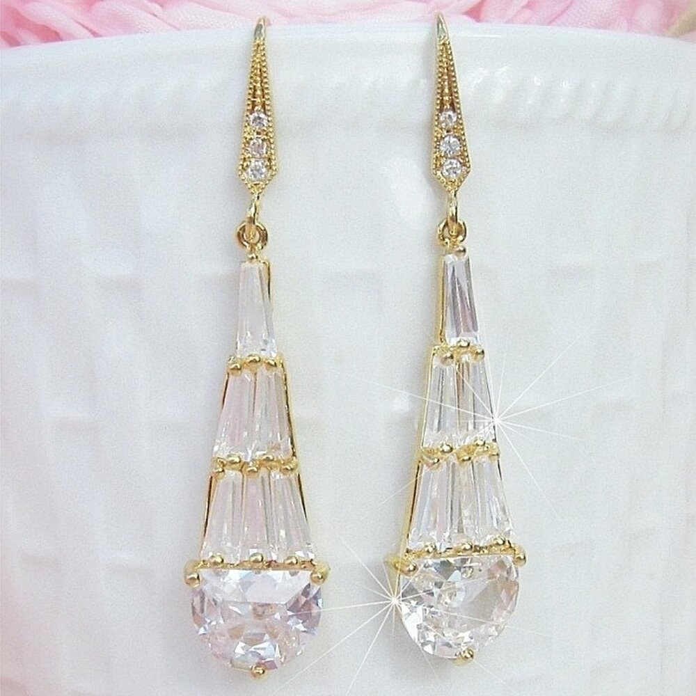 Glamorous Cubic Zirconia Diamond Drop Earrings Gold - Picture 5 of 10
